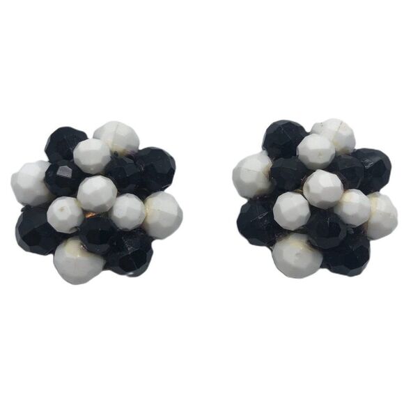 Vintage Beaded Cluster Statement Earrings Black and White - Picture 1 of 3
